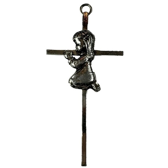 Silver Tone Hanging Nursery Wall Cross With Praying Girl On Knees 6” - Picture 1 of 13